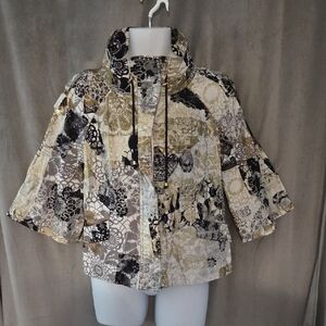 berek Size Large Cream, Black & Brown Floral-Print Short Sleeve Jacket